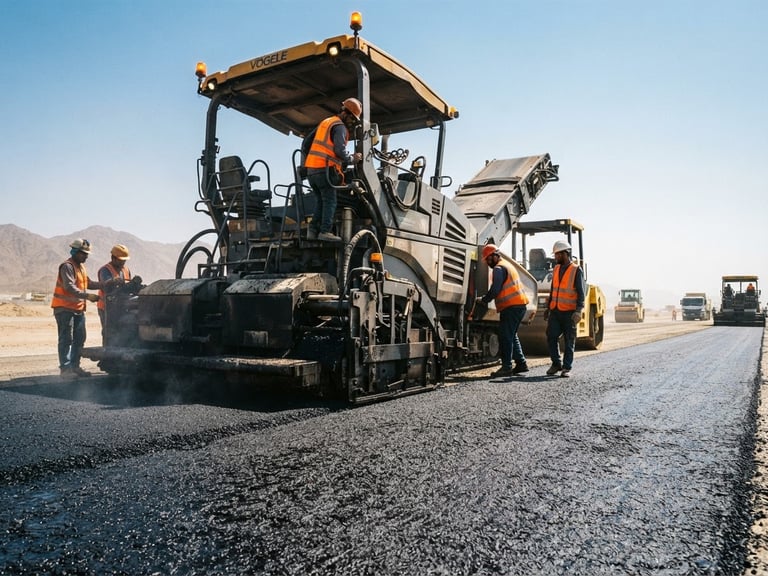 Low-angle heroic shot of heavy industrial paving machinery laying textured asphalt under harsh Saudi sun, amber safety lights glowing, 35mm