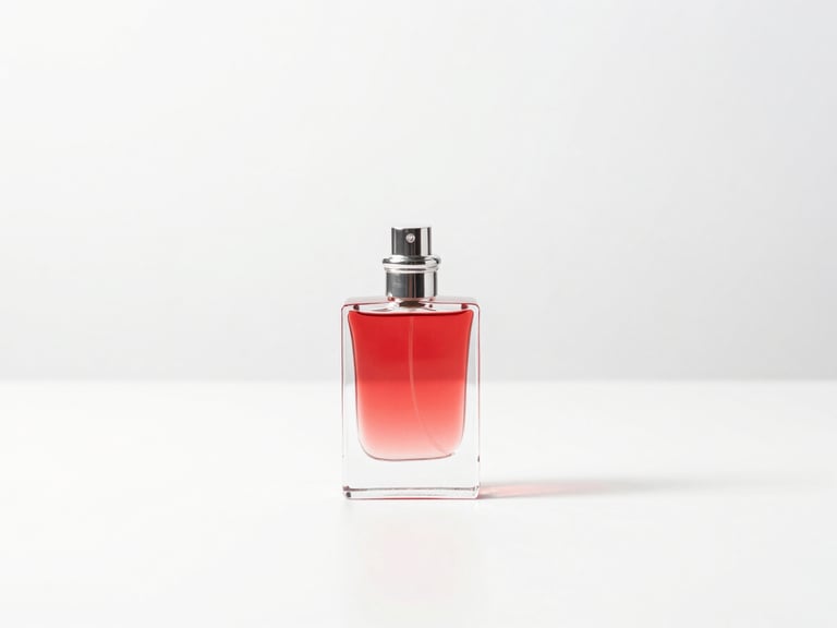 Minimalist studio shot of a designer perfume bottle on a clean white surface, bright high-key lighting, red reflection in glass, sharp focus