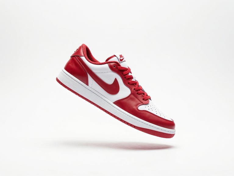 Crisp studio shot of a premium red and white sneaker floating in clean white space, bright studio lighting, soft shadows, sharp focus