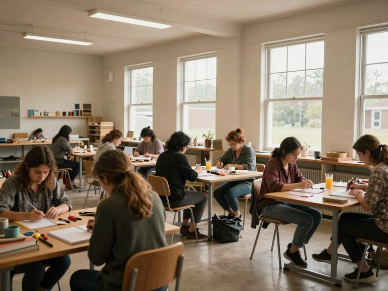 Wide environmental shot from the back of a community workshop room, women seated at tables working with materials under warm daylight from tall windows, visible tools and notebooks, documentary framing, warm earth tones, no posed faces