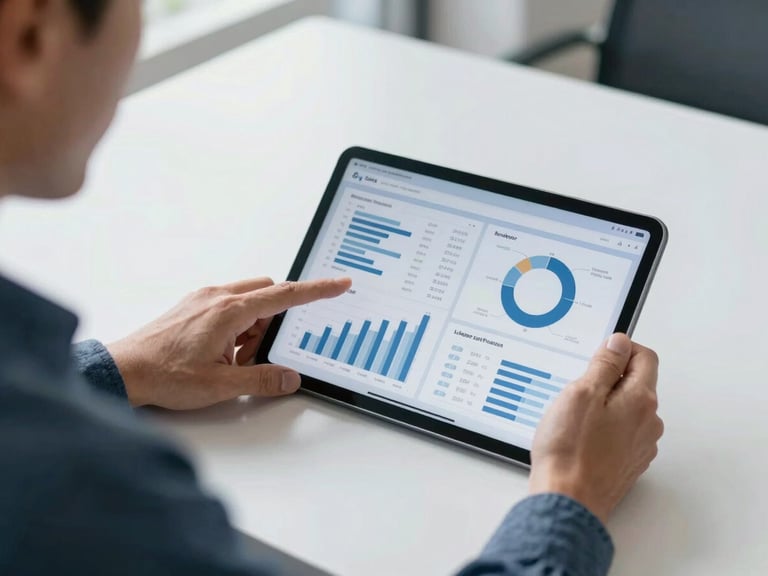 Over the shoulder view of a financial analyst pointing at structured data charts on a tablet, bright natural daylight illuminating a clean slate-toned office desk, shallow depth of field, 35mm