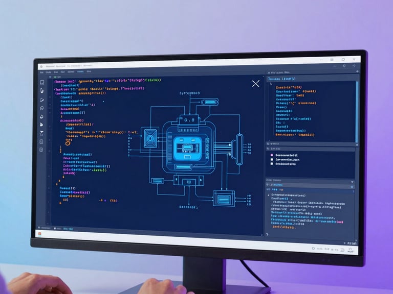 Close-up of a high-resolution screen displaying code and technical architecture blueprints for an AI system, with subtle blue ambient backlighting, developer hands visible, medium-wide environmental shot.