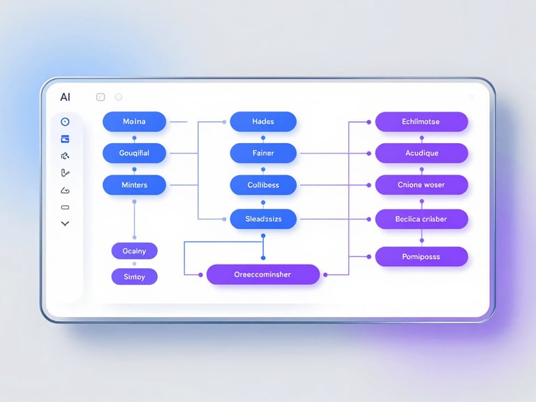 A modern glass UI dashboard showing complex AI workflow orchestration, with nodes and connecting lines in blue and violet, bright studio lighting, macro shot.