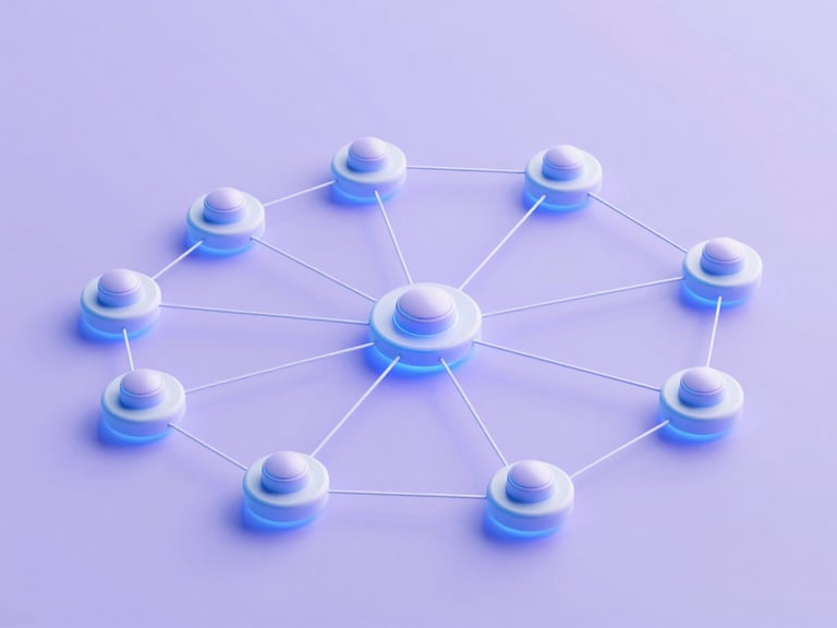 Abstract node-based network diagram showing automated task routing, clean technical blueprint style, violet ambient backlighting