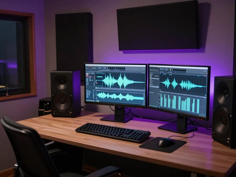 Wide environmental shot of a dark bedroom music studio at night, glowing DAW waveforms on a dual monitor setup, purple LED strip lights behind the desk, clean and professional setup.