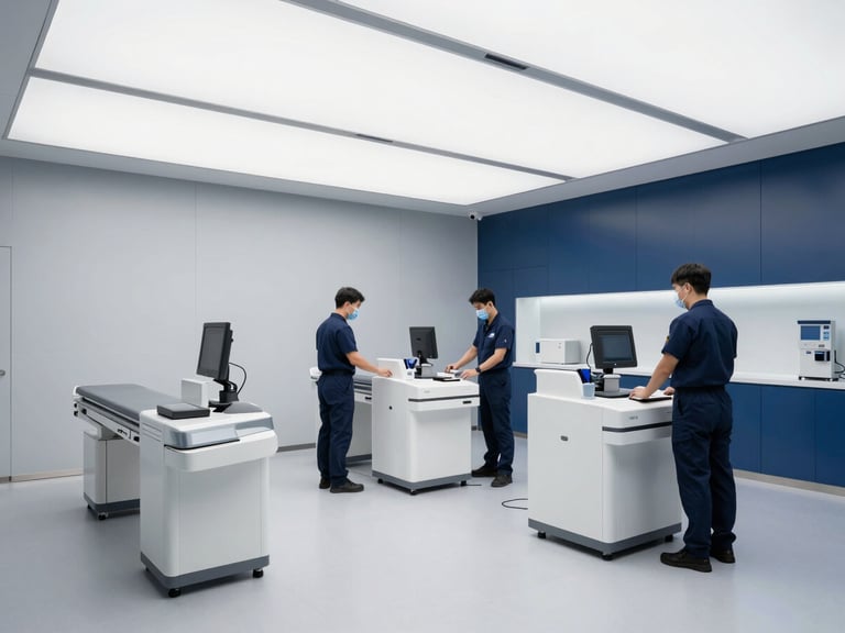 Modern, secure facility interior with clean lines, high-tech equipment, and professional personnel in operational attire, bright overcast daylight, cool slate and navy tones, high detail, 35mm lens