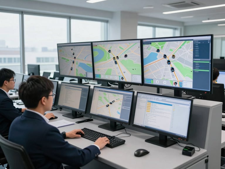 Control center with multiple monitors displaying real-time fleet tracking maps and operational data, professional personnel at workstations, secure office environment, bright daylight, cool slate and navy tones, high detail, 35mm lens