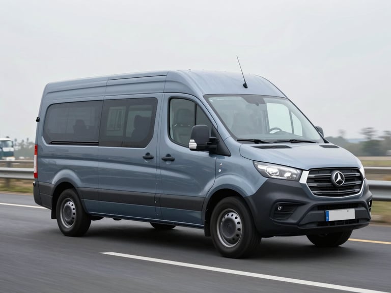 Clean, branded modern fleet vehicle (secure van) in transit on a highway, professional driver visible, bright overcast daylight, cool slate and navy tones, high detail, 35mm lens