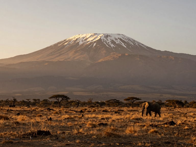 Wide panoramic shot of Mount Kilimanjaro rising above the dry Amboseli plains, a single elephant walking in the distant right third, dramatic golden hour light.