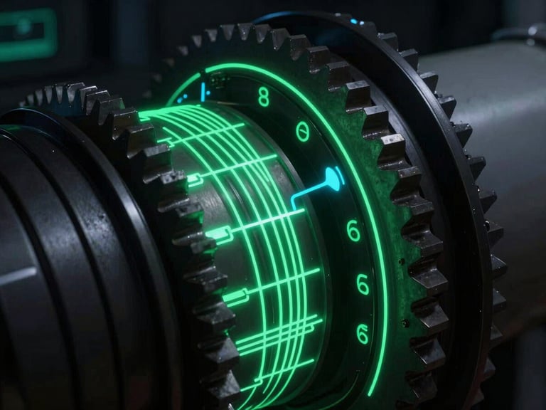 Extreme close-up of a high-tech digital twin interface showing glowing green telemetry lines over a dark physical wind turbine gear system, 35mm lens, low-key dramatic lighting
