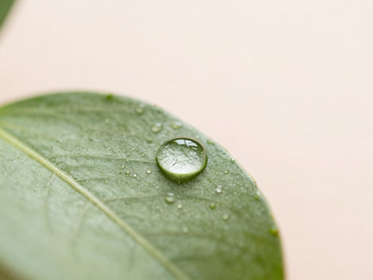 Macro close-up of droplets of facial oil on a fresh green leaf, bright diffused morning light, soft blush background