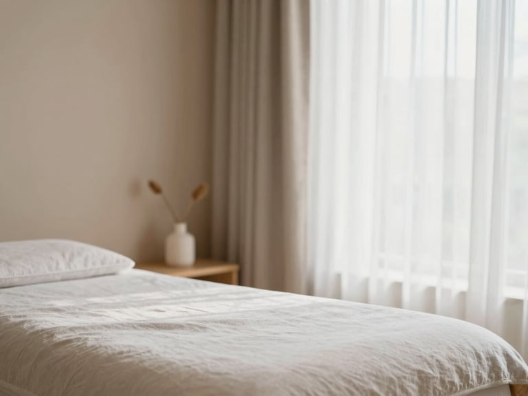 Soft-focus serene spa treatment room interior, minimalist wood and linen elements, gentle natural light filtering through sheer curtains