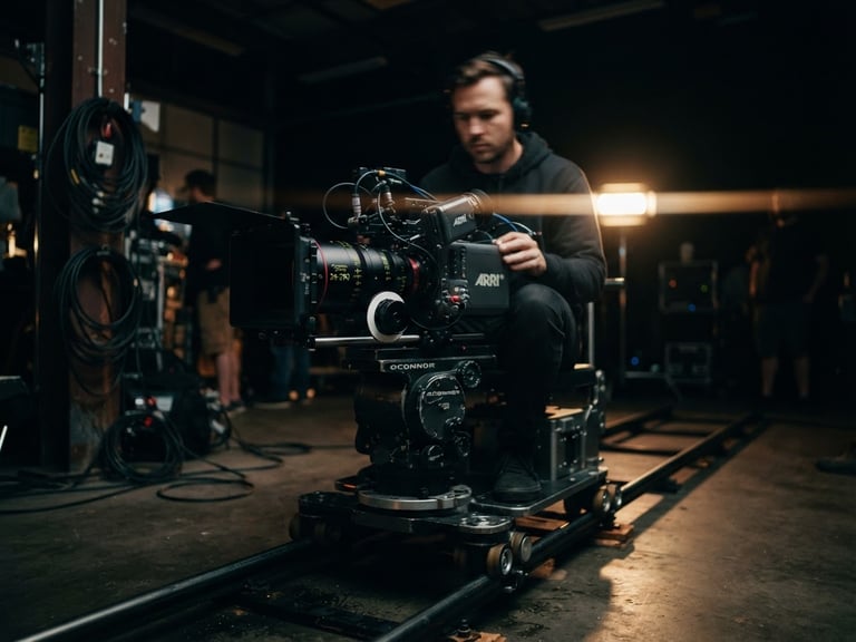 Cinematic film photography of a high-end cinema camera on a dolly, dramatic low-key lighting, anamorphic lens flare, shallow depth of field, 35mm