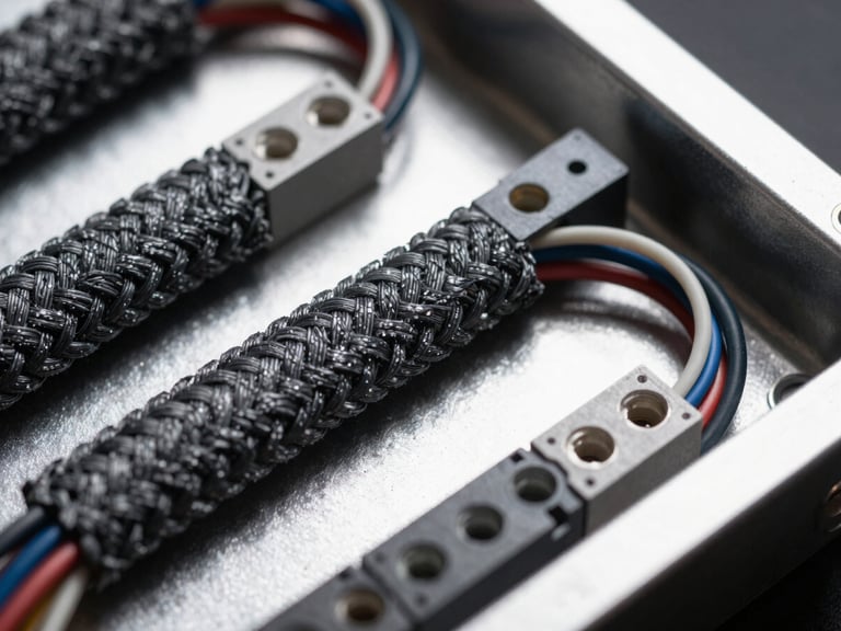 Macro shot of neat wiring looms inside a custom electrical enclosure, braided sleeves, labeled connectors, high-contrast directional light