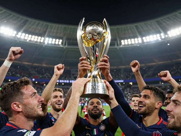 Championship trophy gleaming under stadium lights, surrounded by celebrating players, dynamic sports action photography.