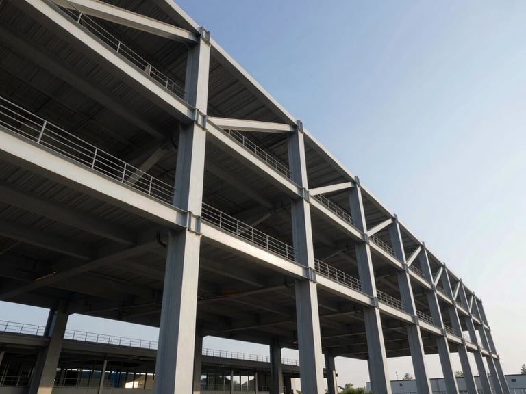 Wide-angle architectural photography of a dramatic steel cantilever structure under high-contrast morning sun, sharp structural details, deep shadows.