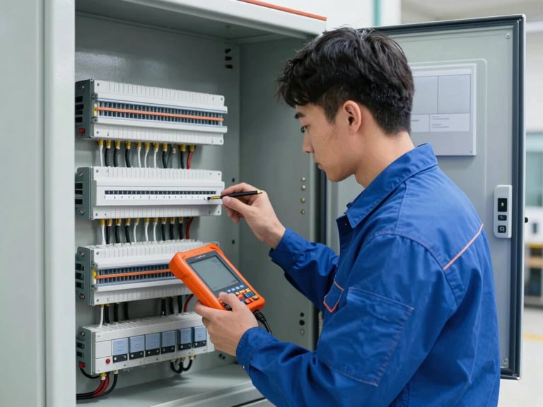 Professional technician in a clean blue uniform inspecting a complex electrical control panel with diagnostic tools, bright daylight, sharp corporate photography, 35mm