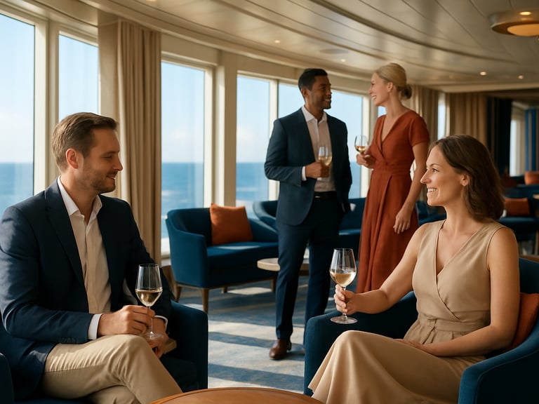 Elegant adults socializing naturally in a premium cruise ship lounge under warm natural daylight, crisp focus