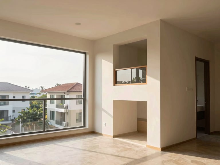Warm architectural photography of a bright modern apartment interior in Thai Nguyen, natural morning light, realistic layout, 35mm lens