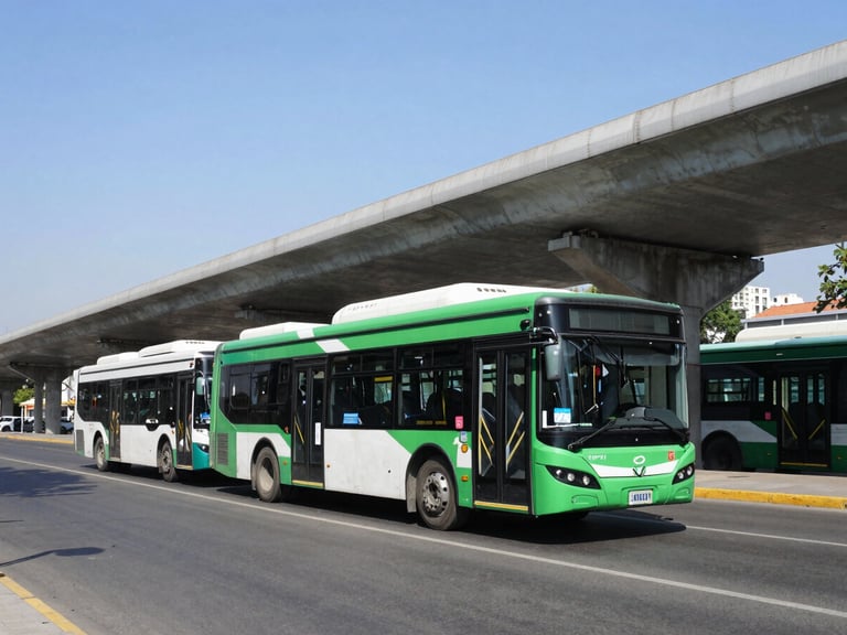 Modern electric public bus in Santiago, clean urban street, crisp daylight, high-tech infrastructure, wide environmental angle.