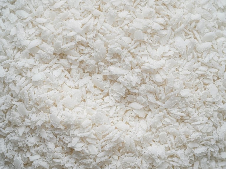 Macro texture of premium white desiccated coconut, sharp detail, clean industrial lighting, 50mm lens