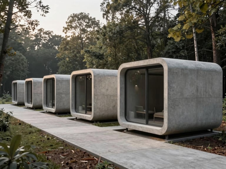Architectural render of a series of modern 3D printed concrete modular lodge units nestled harmoniously in a forest, connected by discreet pathways, soft morning light, industrial architectural photography, raw concrete tones, high contrast, sharp focus, 35mm lens.
