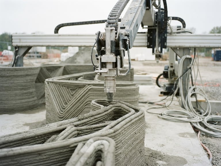 Industrial architectural photography of a robotic 3D concrete printer nozzle, depositing precise layers of concrete on a clean construction site, soft overcast daylight, raw concrete tones, 35mm lens