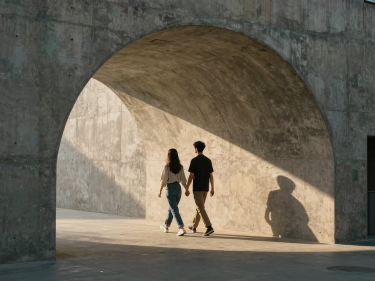 A couple walking hand-in-hand through a brutalist concrete archway, soft directional golden hour light casting long shadows, unposed candid moment.