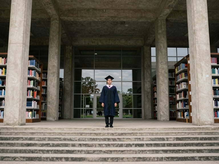 A wide cinematic environmental portrait of a graduate standing on the steps of a brutalist concrete campus library, framed by massive pillars, captured in soft overcast daylight with generous negative space.