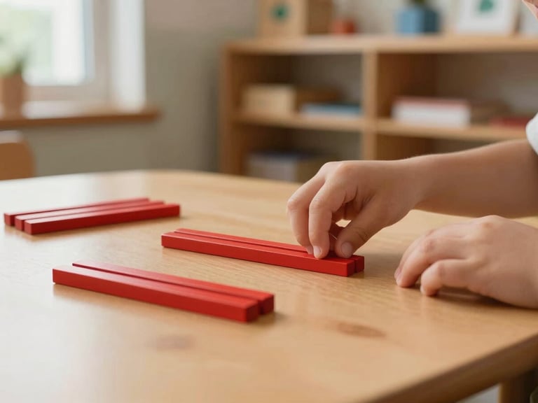 Close-up of a child's hands placing a red Montessori counting rod on a low wooden table, other rods arranged in order beside it, soft warm window light from the left, classroom shelves slightly blurred in the background, no adult visible, quiet focused atmosphere