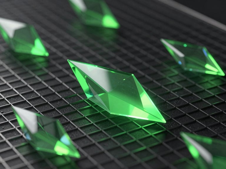 Sleek 3D tech render of glass prisms dispersing neon green light across a dark metallic grid, sharp focus, low-key studio lighting, octane render