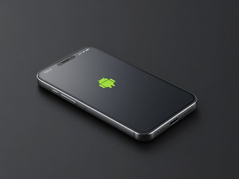 Sleek 3D tech render of a dark titanium Android smartphone showing a highly detailed, clean minimalist utility interface with neon green accents, dark moody studio lighting, sharp macro focus, octane render