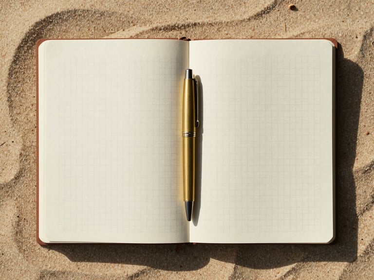 Overhead flat-lay of a high-quality open linen notebook with clean, empty grid pages, a single brass pen resting in the center fold, soft morning light casting long gentle shadows across a warm sand surface.