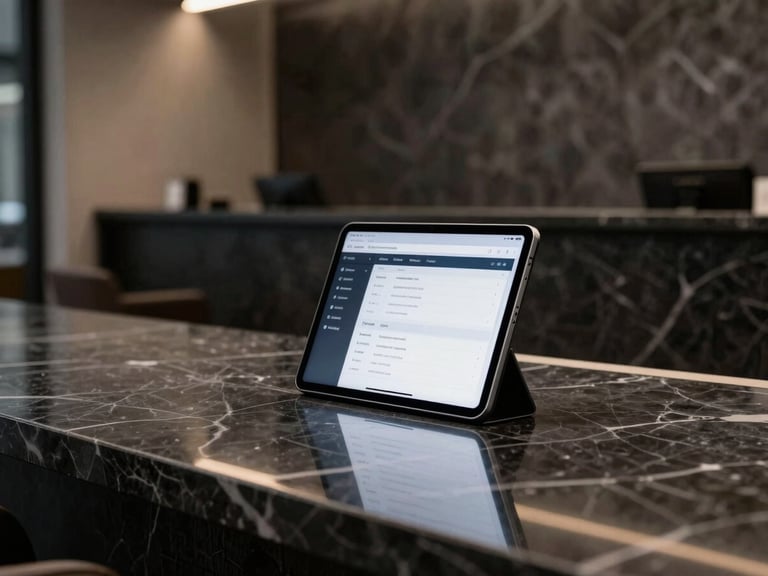 Dramatic ring-light reflection on a sleek tablet displaying booking software at an empty, elegant dark marble reception desk, high contrast, wide architectural shot.