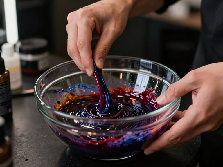 Dramatic close-up of a stylist's hands mixing vibrant hair color in a dark glass bowl, ring-light reflection on the glossy mixture, moody ambient salon background, high contrast.