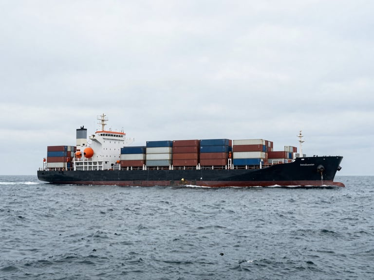 Container ship moving through open ocean, wide environmental shot showing scale, cool industrial photography, overcast daylight, desaturated steel tones, sharp focus, 35mm