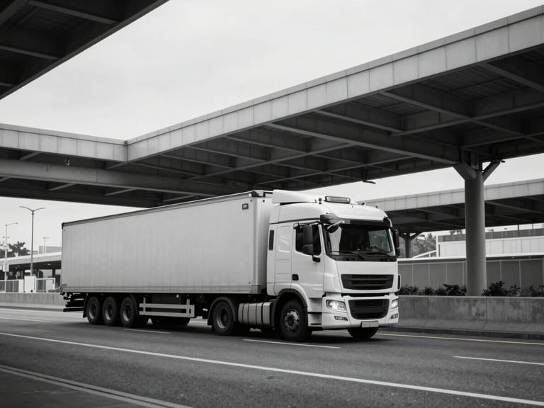 Long-haul truck on a modern highway, wide environmental shot, cool industrial photography, overcast daylight, desaturated steel tones, sharp focus, 35mm