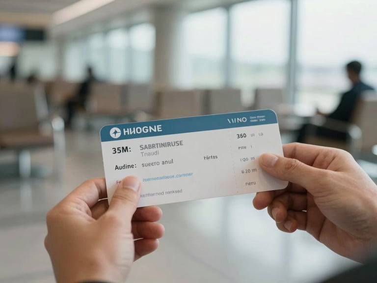 Close-up of a hand holding a boarding pass with a serene airport lounge in the background, soft natural window light, calming muted tones, shallow depth of field, 35mm lens.