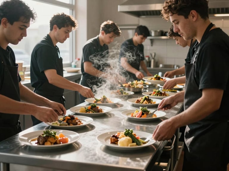 Environmental wide shot of a kitchen crew in motion during active event prep — multiple hands plating dishes simultaneously on a stainless steel counter, steam visible, trays being lifted, strong natural light from a side window cutting across the workspace