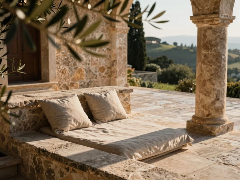 Architectural close-up of a stone villa terrace in southern Europe, warm morning light casting long shadows on linen cushions, olive branch framing the corner, 35mm photography.
