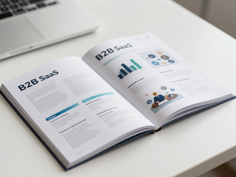 Close-up of a printed B2B SaaS product brochure spread open on a white desk, clean studio strobe lighting, crisp typography and data visualization visible on the pages, shallow depth of field