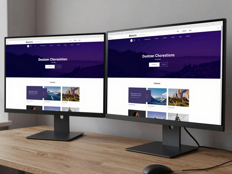 Wide landscape view of a website homepage layout displayed across two monitors on a studio desk, daylight from left, deep purple and navy interface visible, systematic grid spacing, no faces