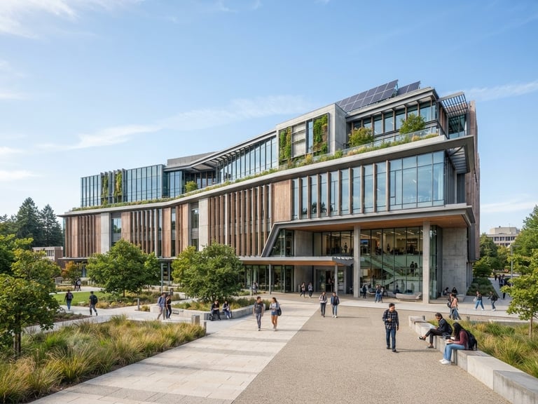 Wide-angle architectural shot of a modern sustainable university campus building, bright natural daylight, clean professional cool tones