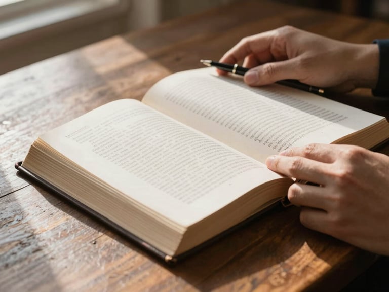 Close detail shot of hands turning pages of a thick legal code on a worn wooden desk, natural window light from the left casting a soft shadow across the open book, a pen resting on the margin, no faces visible