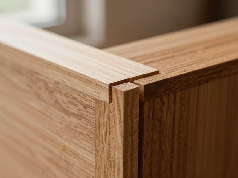 Close-up of a perfectly executed dovetail joint in progress, showing the precision of hand-cut woodworking, warm wood tones, soft light.