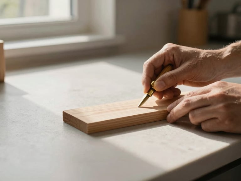 A pair of hands marking a piece of light wood with a brass marking gauge, on a clean, modern kitchen island, soft window light, shallow depth of field.