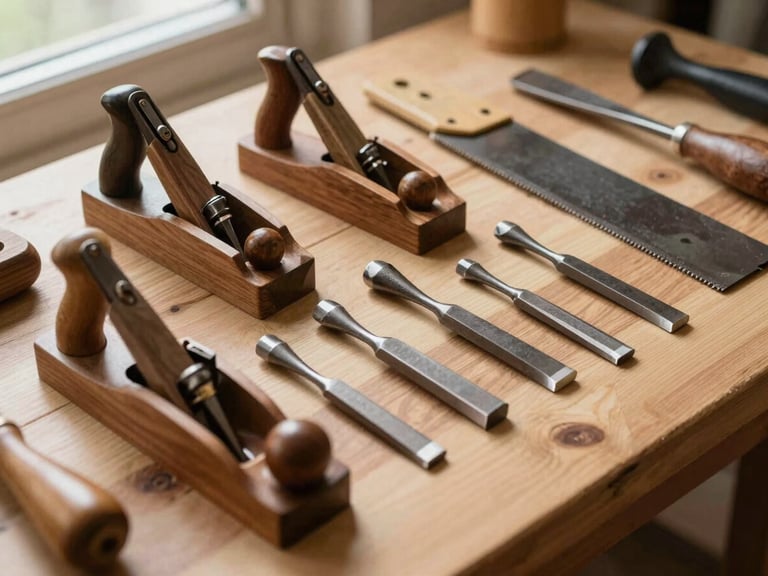 A neatly arranged set of traditional woodworking hand tools (chisel, hand plane, saw) on a clean wooden workbench, soft light, sharp focus on steel edges.