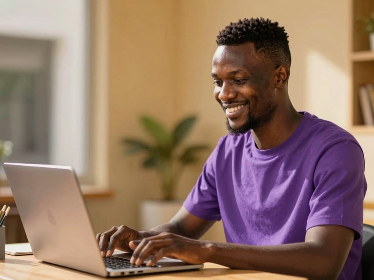 Entrepreneur africain souriant travaillant sur un ordinateur portable affichant un site web moderne et responsive, lumière naturelle chaude, accents violet et or, shallow depth of field.