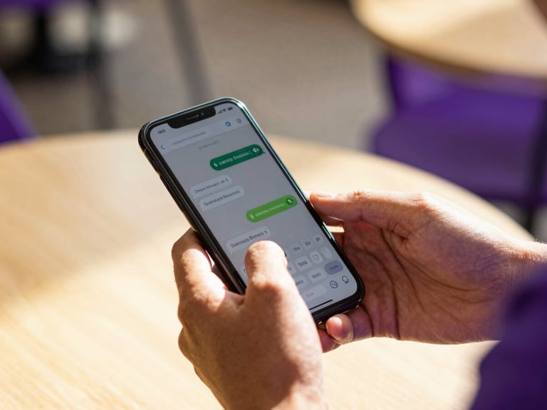 Gros plan sur les mains d'un entrepreneur africain utilisant un smartphone affichant une conversation WhatsApp Business active, lumière naturelle tropicale, accents violet et or, shallow depth of field.