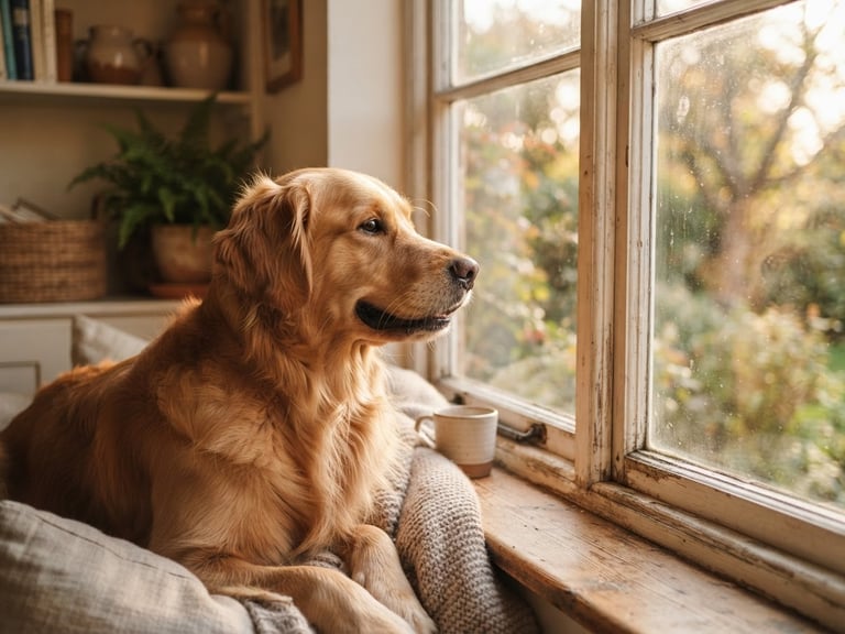 A happy golden retriever looking out a sun-drenched window in a cozy home, with soft light, warm editorial photography, 35mm lens